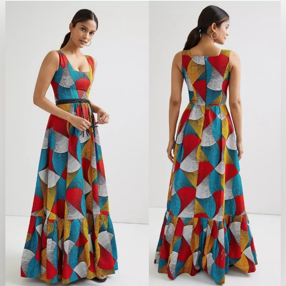 Sika Multicolor Geometric Print Maxi Dress - Red, Teal, Mustard, White